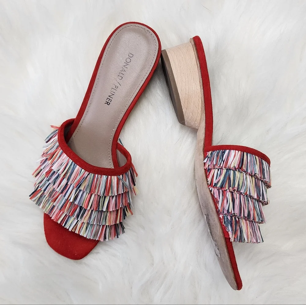 Donald Pliner Reise Red Suede Multi-Color Raffia Fringe Slide Sandals Sz 7M